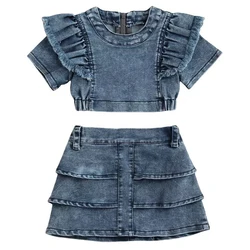 Conjunto de verano para niña con top azul y falda
