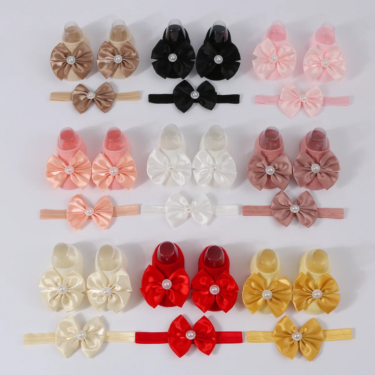 Conjunto diademas lazo perlas y calcetines suaves algodón bebé niña - imagen 2