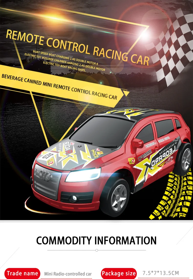 Mini coche RC Coke rojo con luces LED encendidas
