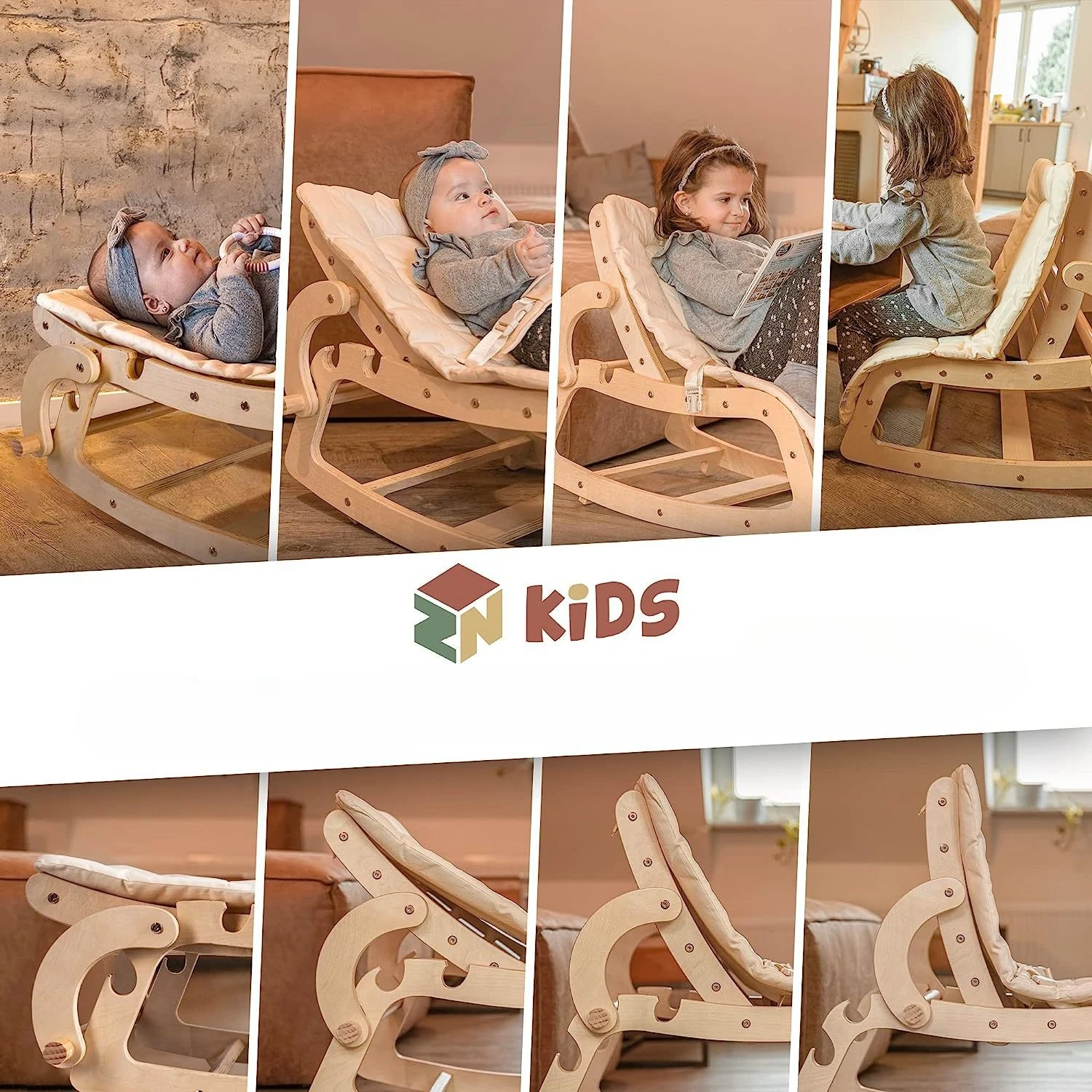 Silla mecedora reclinable de madera para bebé con cojín lavable - imagen 4