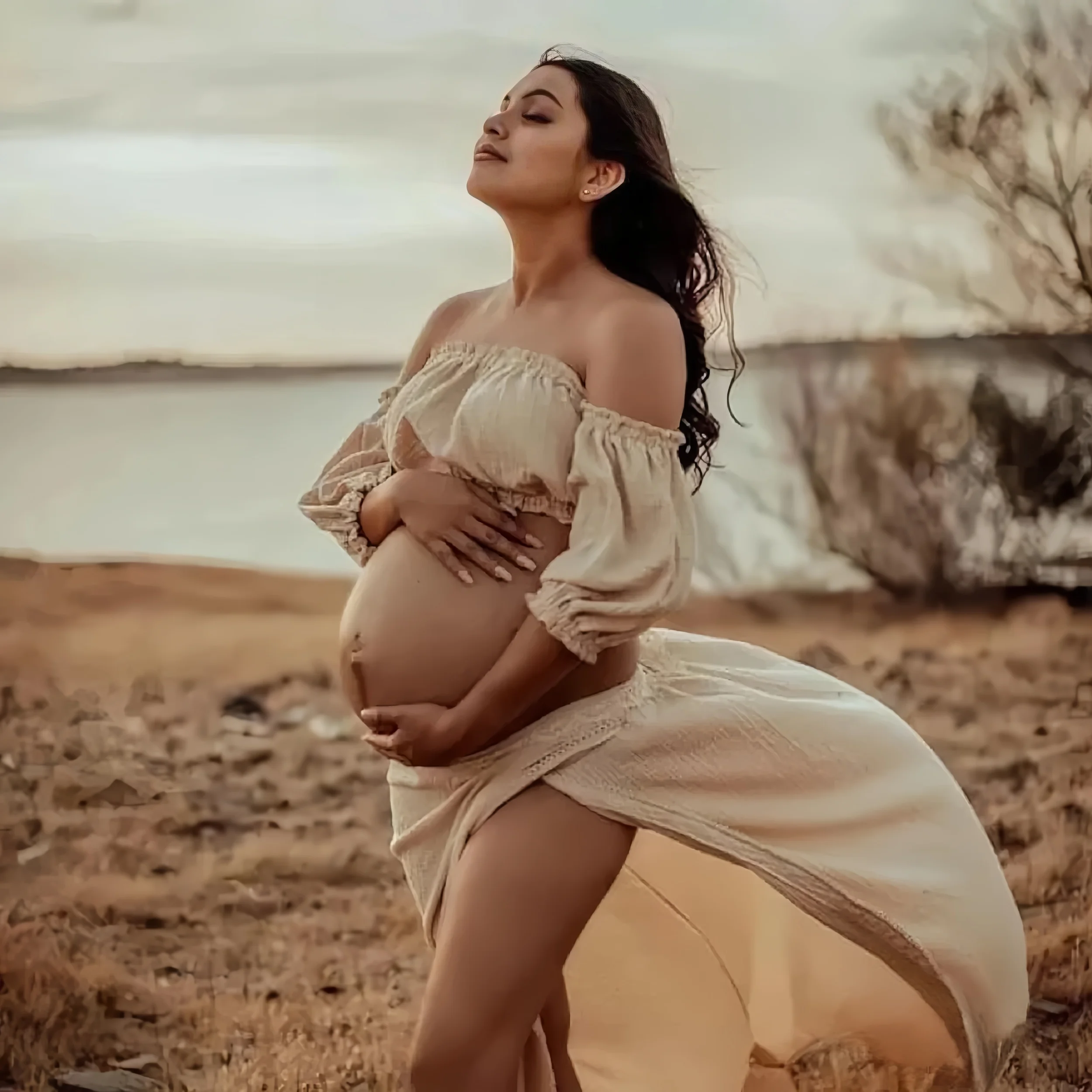 Conjunto de vestido maternidad algodón con hombros descubiertos - imagen 3