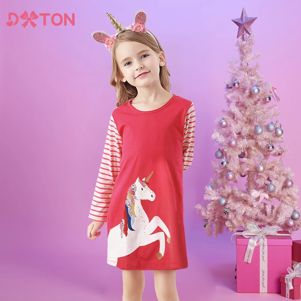 DXTON Vestido de niña en forma A con unicornio y rayas de otoño - imagen 5