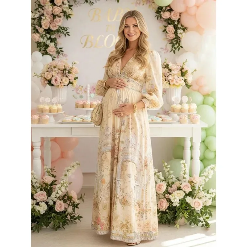 Vestido premamá vintage floral de manga larga para fotos boho - imagen 2