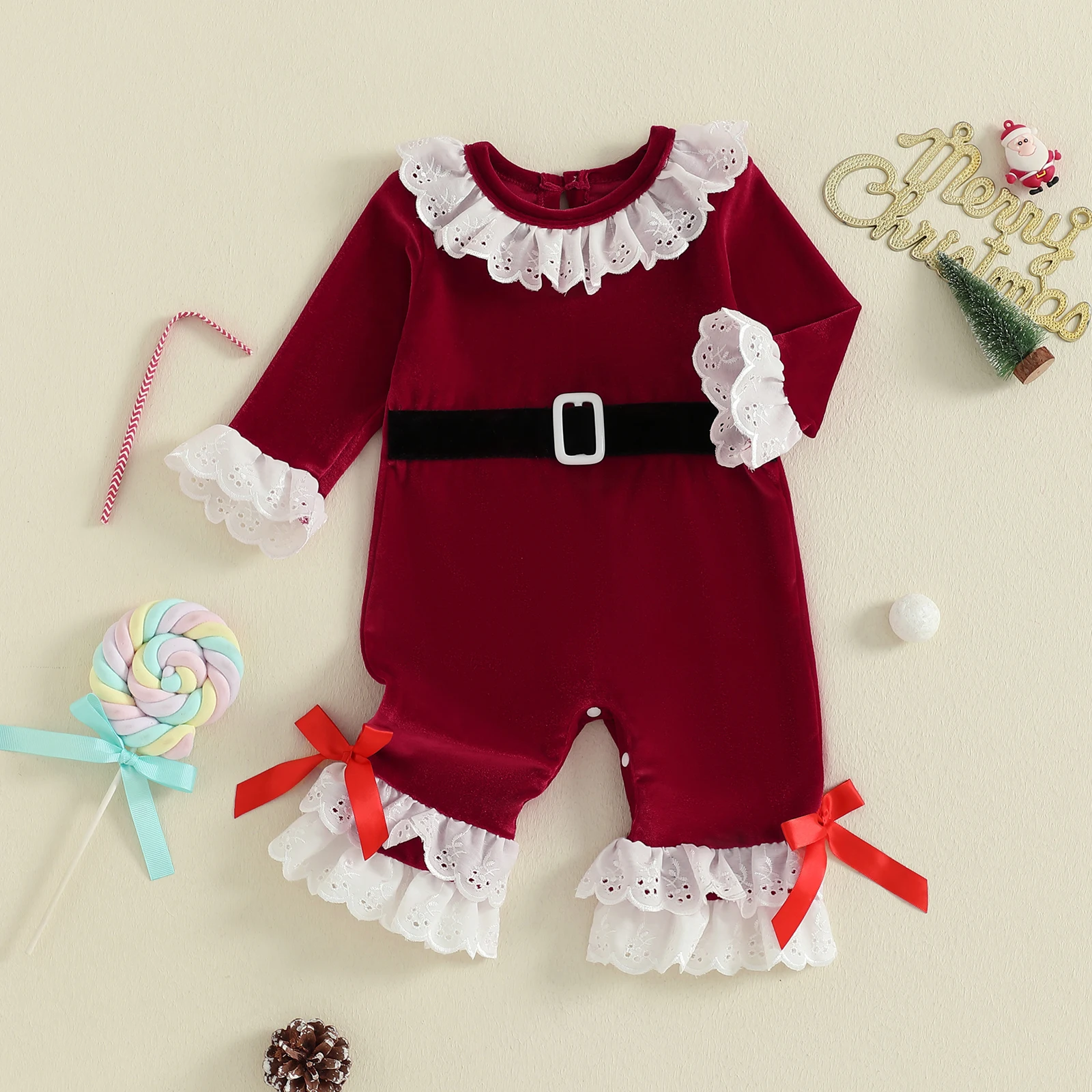 Pichi bebé de terciopelo navideño con volantes y encaje