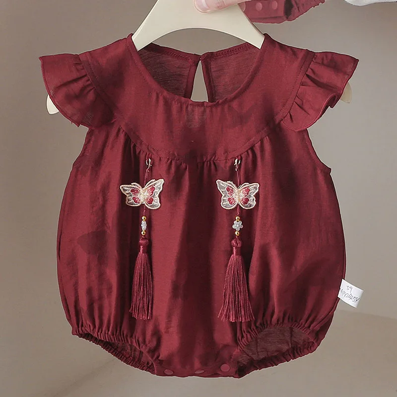 Mono sin mangas de bebé niña rojo de verano con mariposas