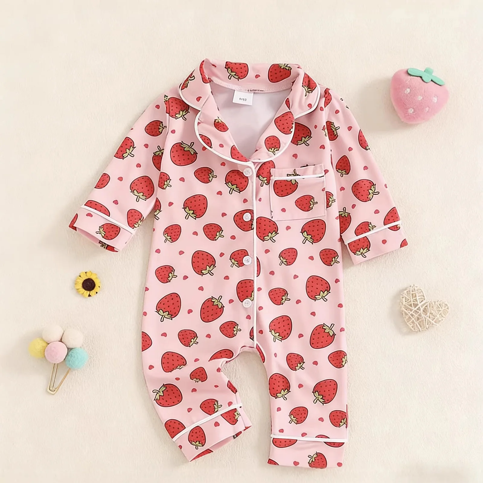 Pijama mono infantil niña estampado fresa con lazo y botones - imagen 3