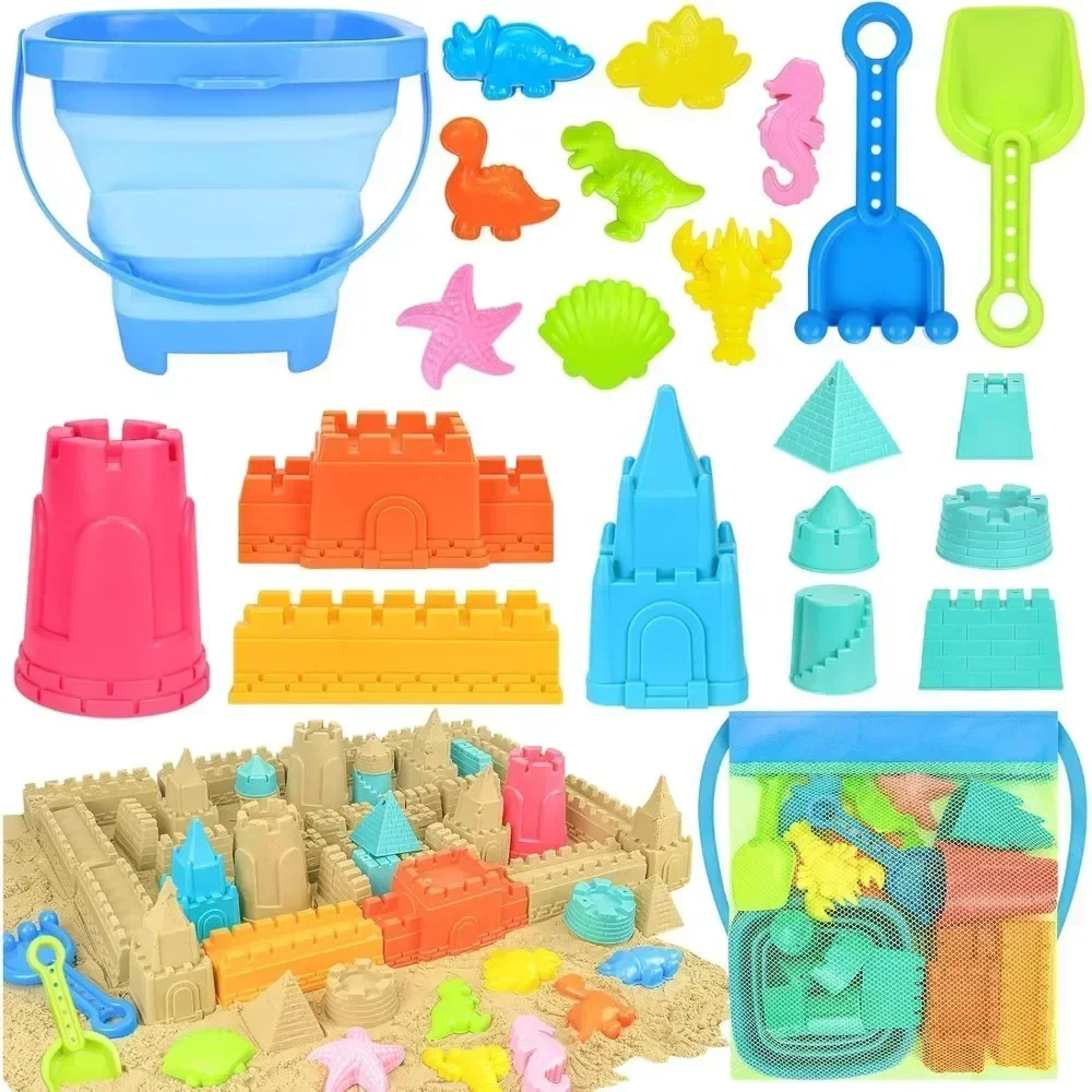 Juguetes de playa en bolsa malla: cubo, palas y molde castillo