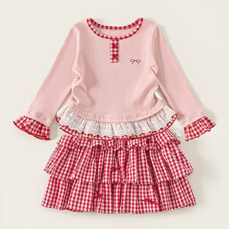 Conjunto niña falda y top de cuadros manga larga estilo coreano - imagen 4