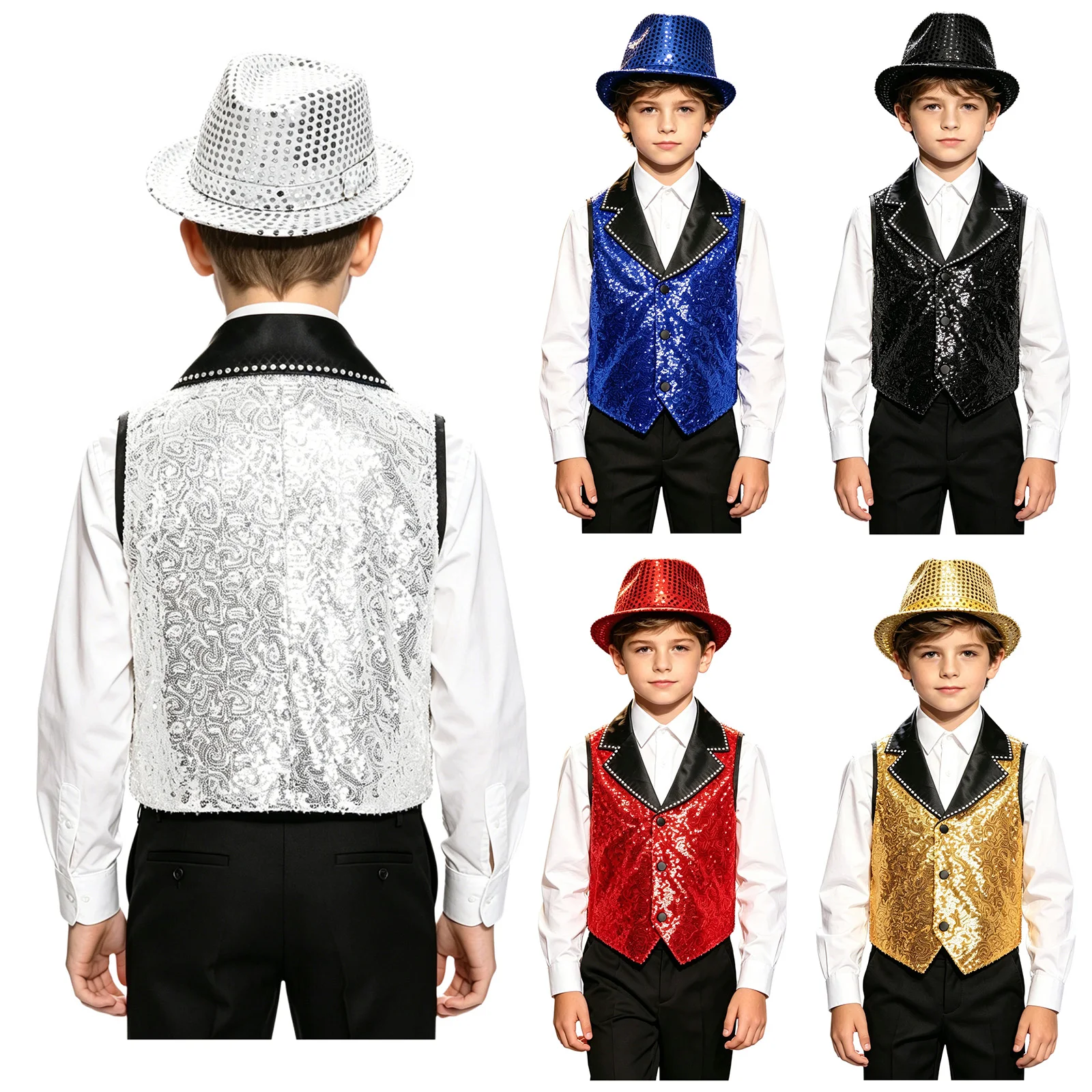 Disfraz disco setenta con chaleco de lentejuelas y sombrero para niños - imagen 4