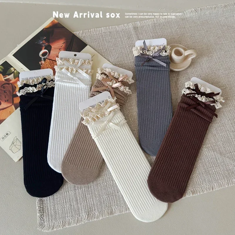 Calcetines algodón con encaje y lazo – Estilo retro para niña - imagen 4