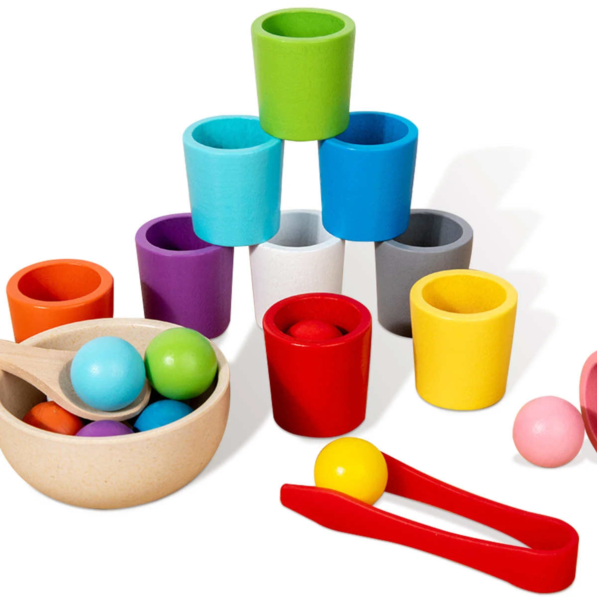 Juguete de madera Montessori arcoíris en taza para el cole - imagen 3