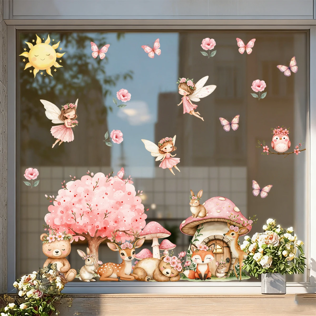 Pegatinas de pared infantiles animales del bosque con hadas rosas