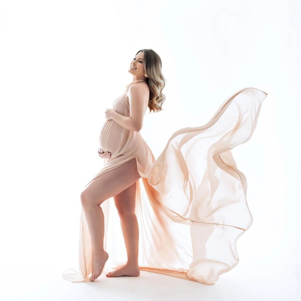Vestido de embarazo plisado con hombros descubiertos para fotos - imagen 2