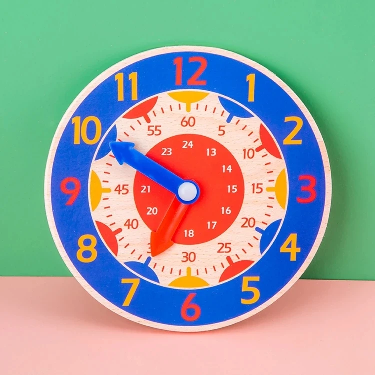 Reloj Montessori infantil de madera, colores vivos
