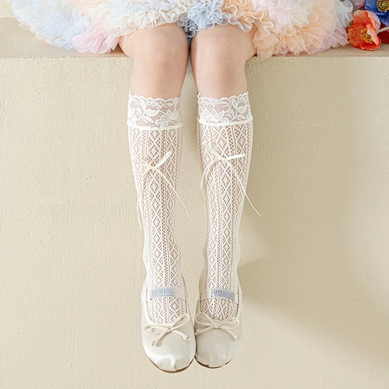 Calcetines altos jacquard retro con lazo de encaje transpirable - imagen 2