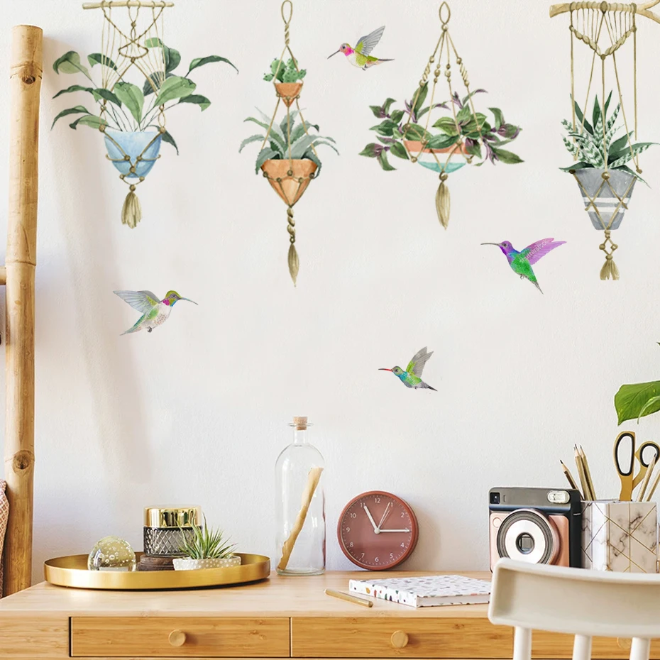 Pegatinas de pared con plantas y pájaros verdes acuarela para hogar - imagen 2
