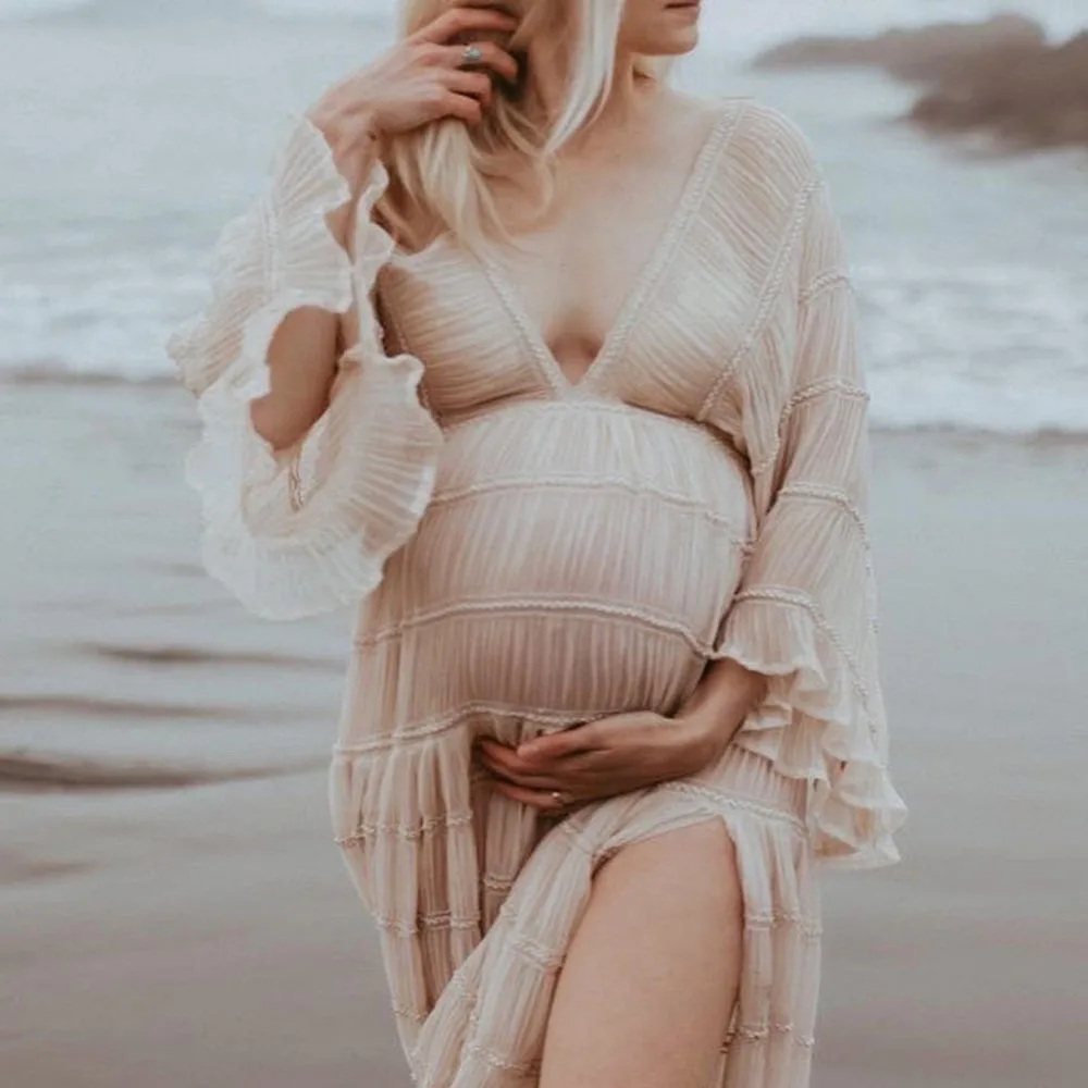 Vestido bohemio de maternidad para fotos – Gasa plisada y manga larga