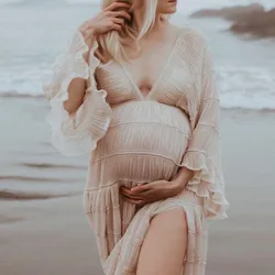 Vestido bohemio de maternidad para fotos – Gasa plisada y manga larga