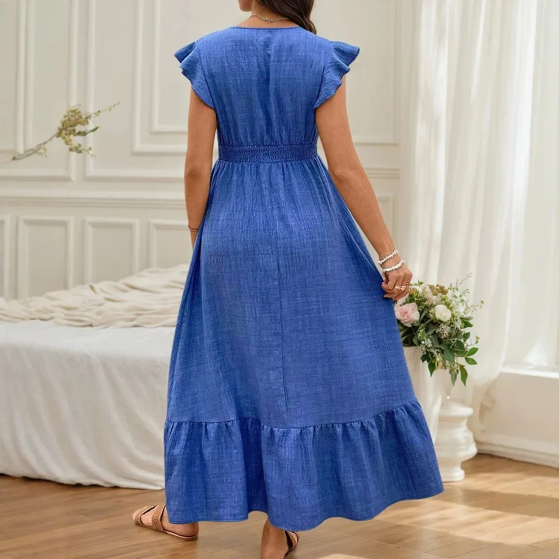 Vestido de embarazo largo con volantes y cuello en V para verano