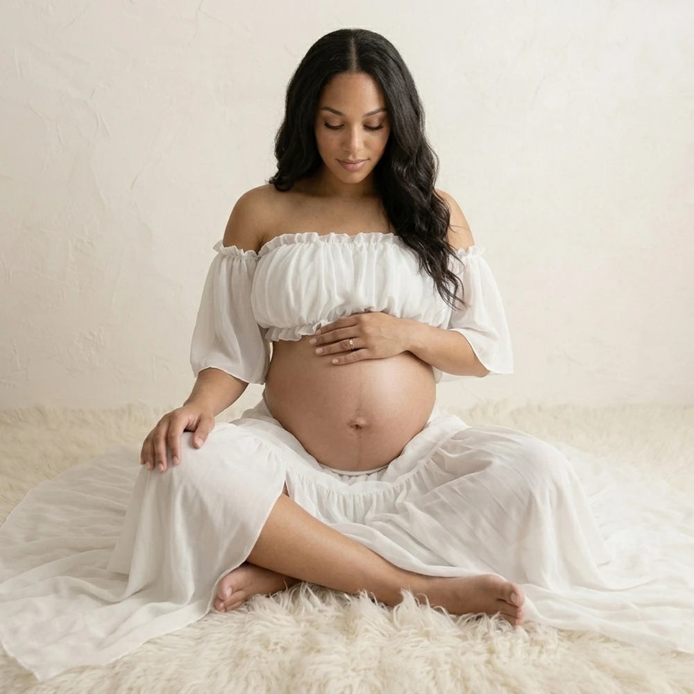 Vestido de maternidad para fotos de estudio con hombros descubiertos