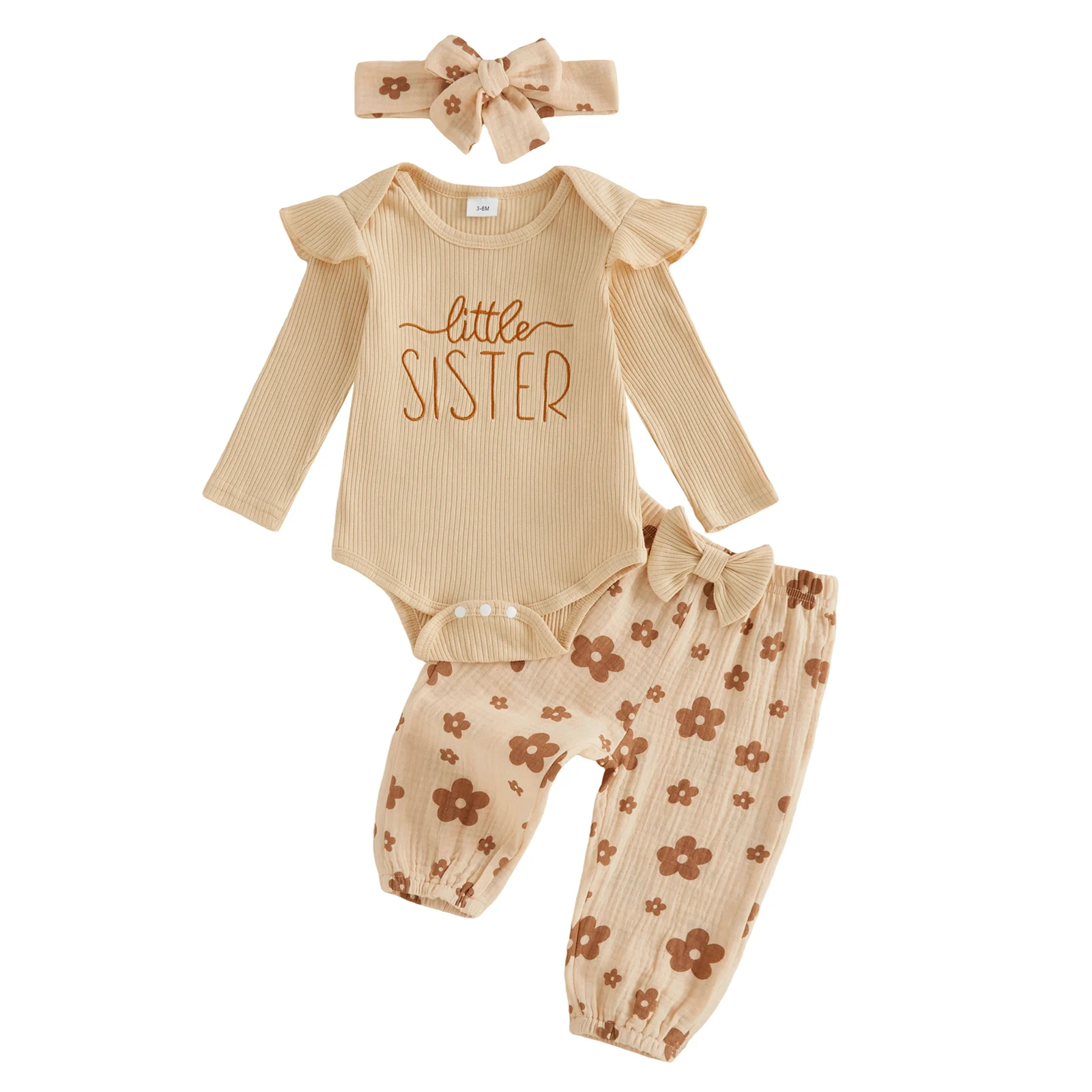 Conjunto recién nacido bebé niña bordado floral canalé y diadema
