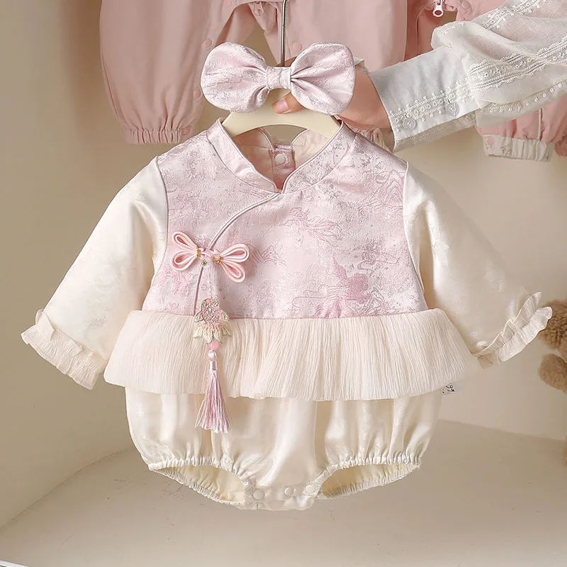 Conjunto recién nacida estilo chino rosa princesa de manga larga
