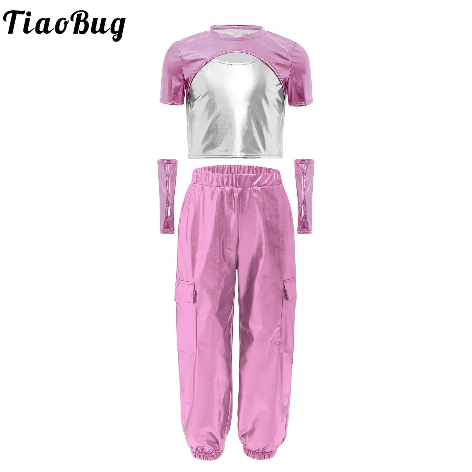 Traje de jazz hip hop para niñas con cargo y camiseta metálica - imagen 5