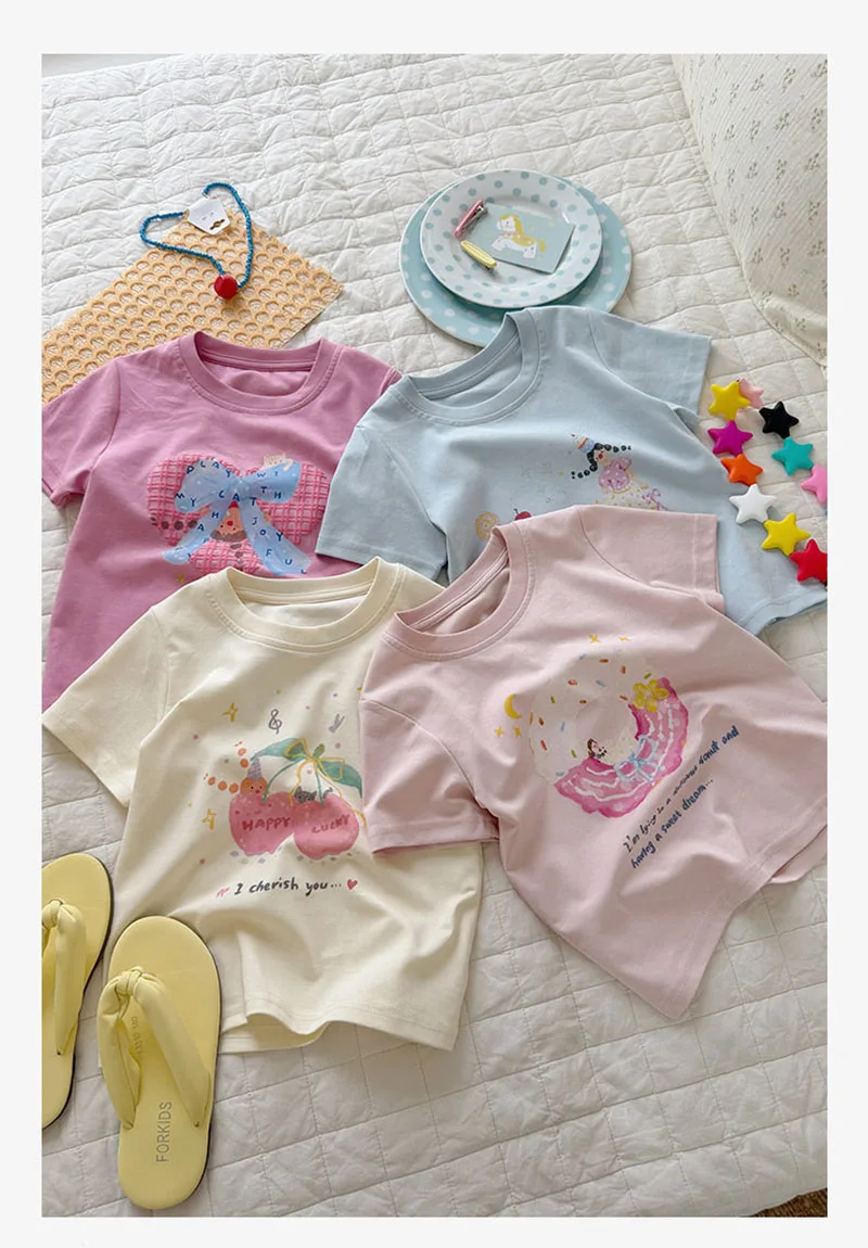 Camiseta de verano para niñas con estampado cereza y donut