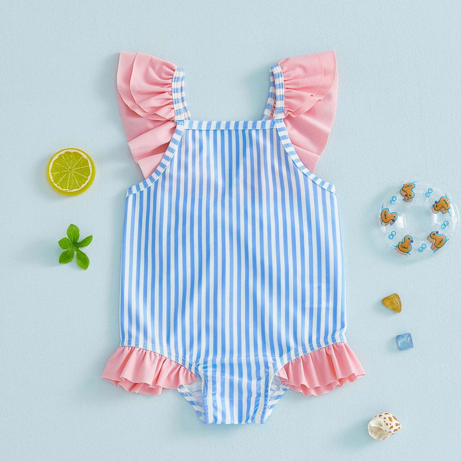 VISgogo traje de baño rayas para niña manga volante y cuello cuadrado - imagen 2