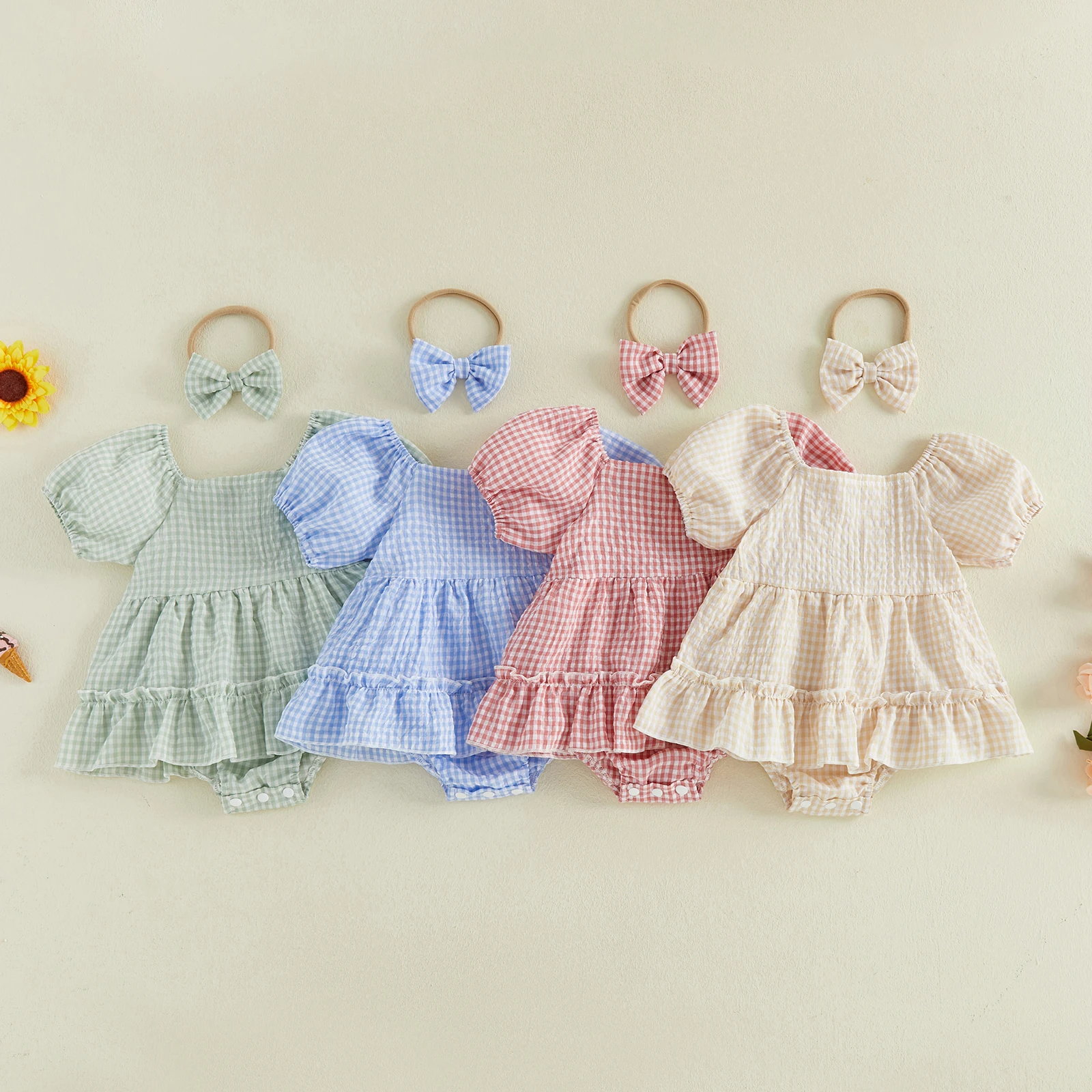 Conjunto verano bebé recién nacida vestido pelele a cuadros con lazo - imagen 2