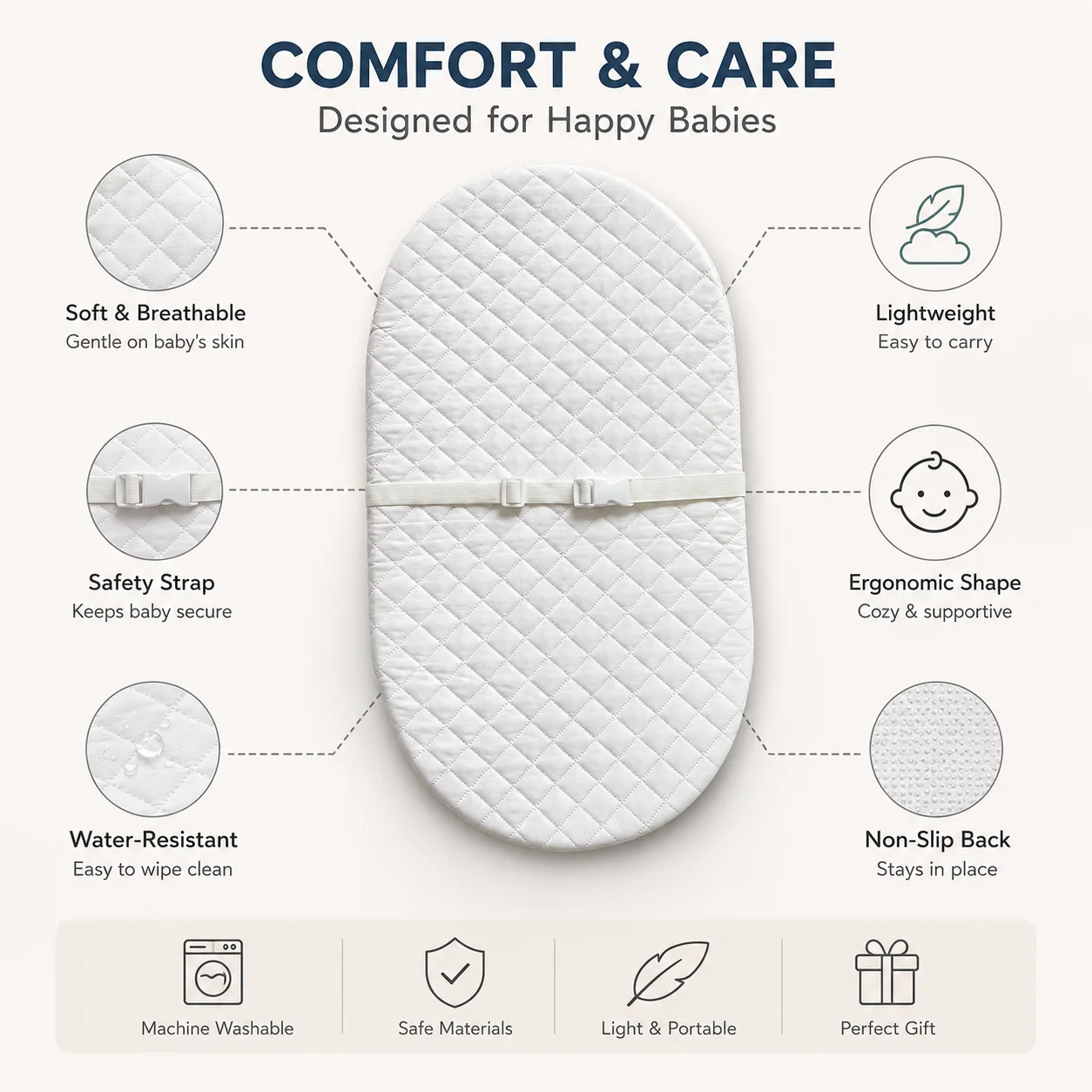 Colchón ovalado para cuna con funda impermeable lavable