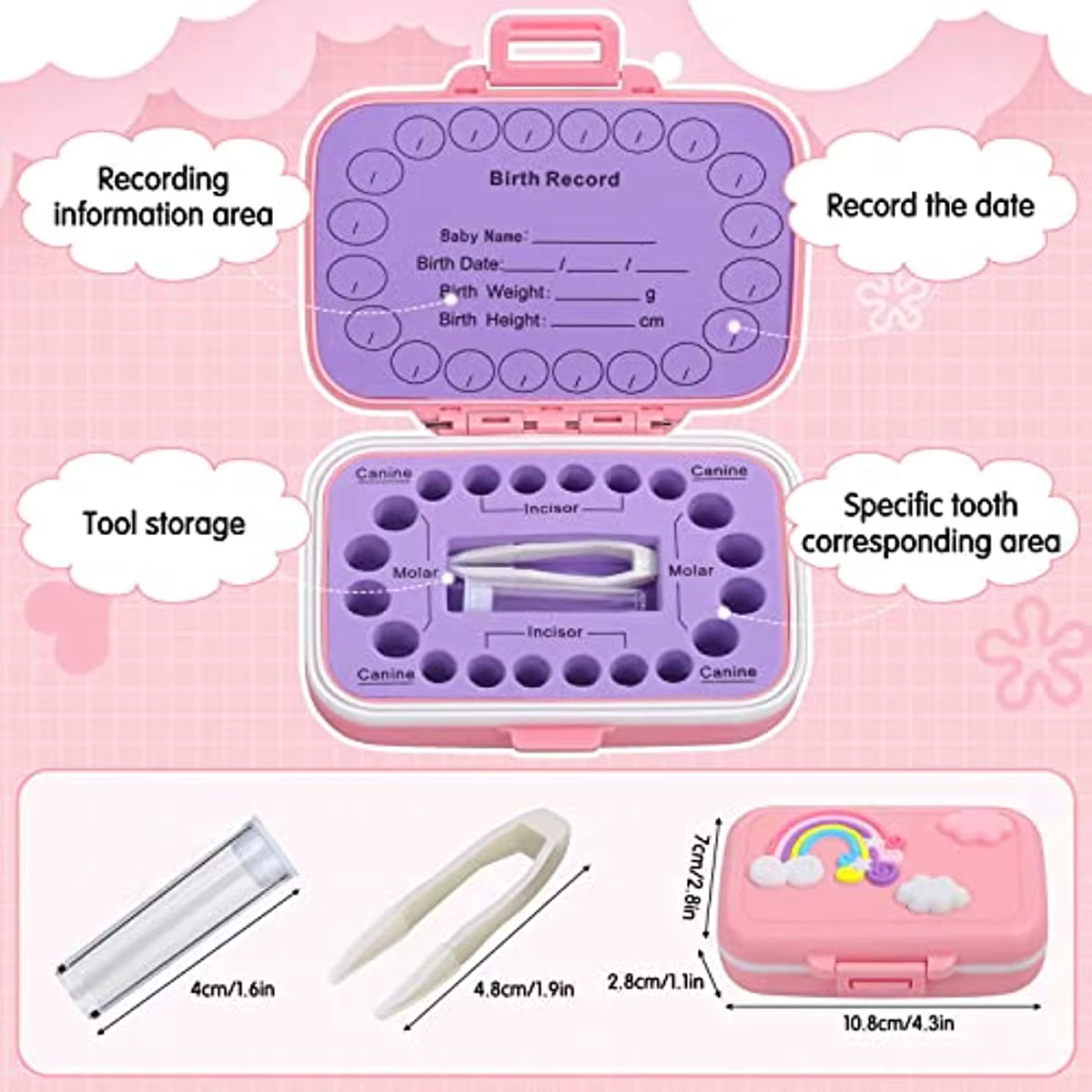 Caja de recuerdos de dientes de bebé con diseño rosa y organización interior