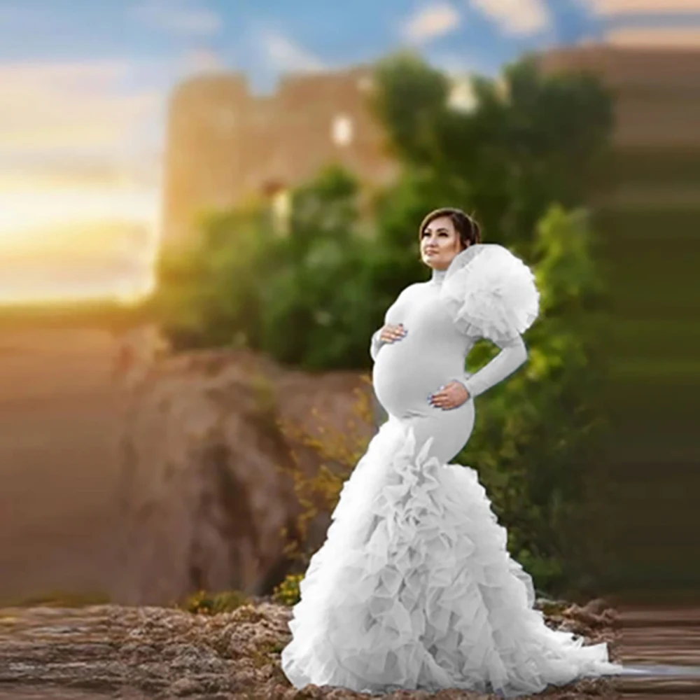 Vestido de embarazo sirena manga larga con flores y volantes - imagen 3