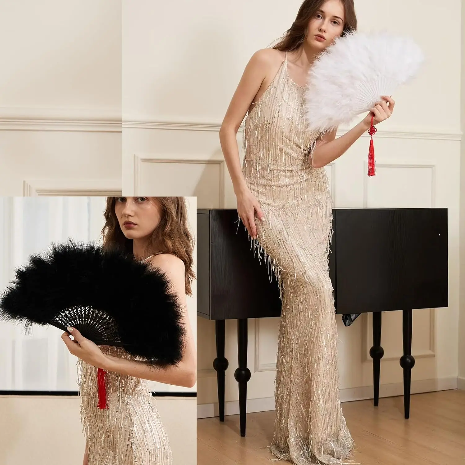 Abanico de plumas plegable estilo flapper para fiesta - imagen 4