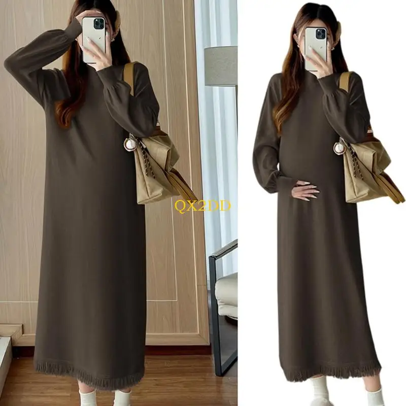 Vestido premamá de punto elegante con flecos – Otoño e invierno - imagen 2