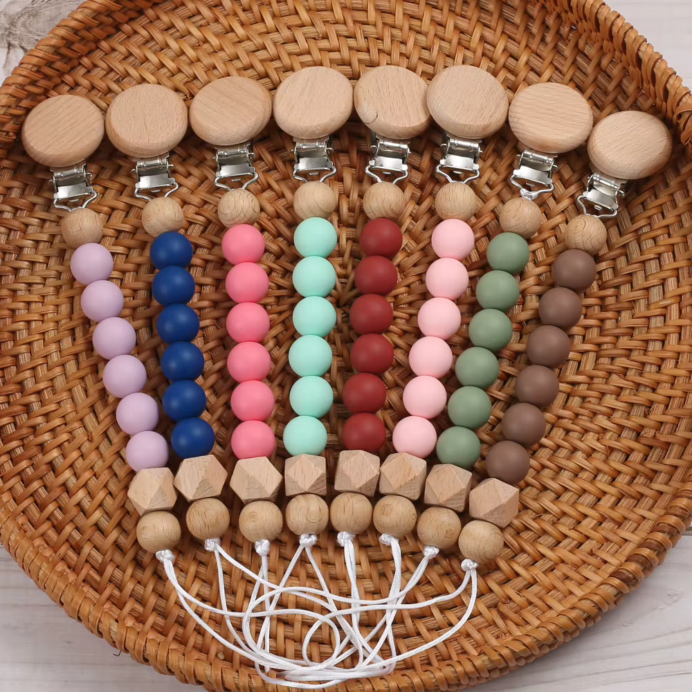 Cadena chupete silicona para bebé mordedor – Madera y colorido - imagen 3