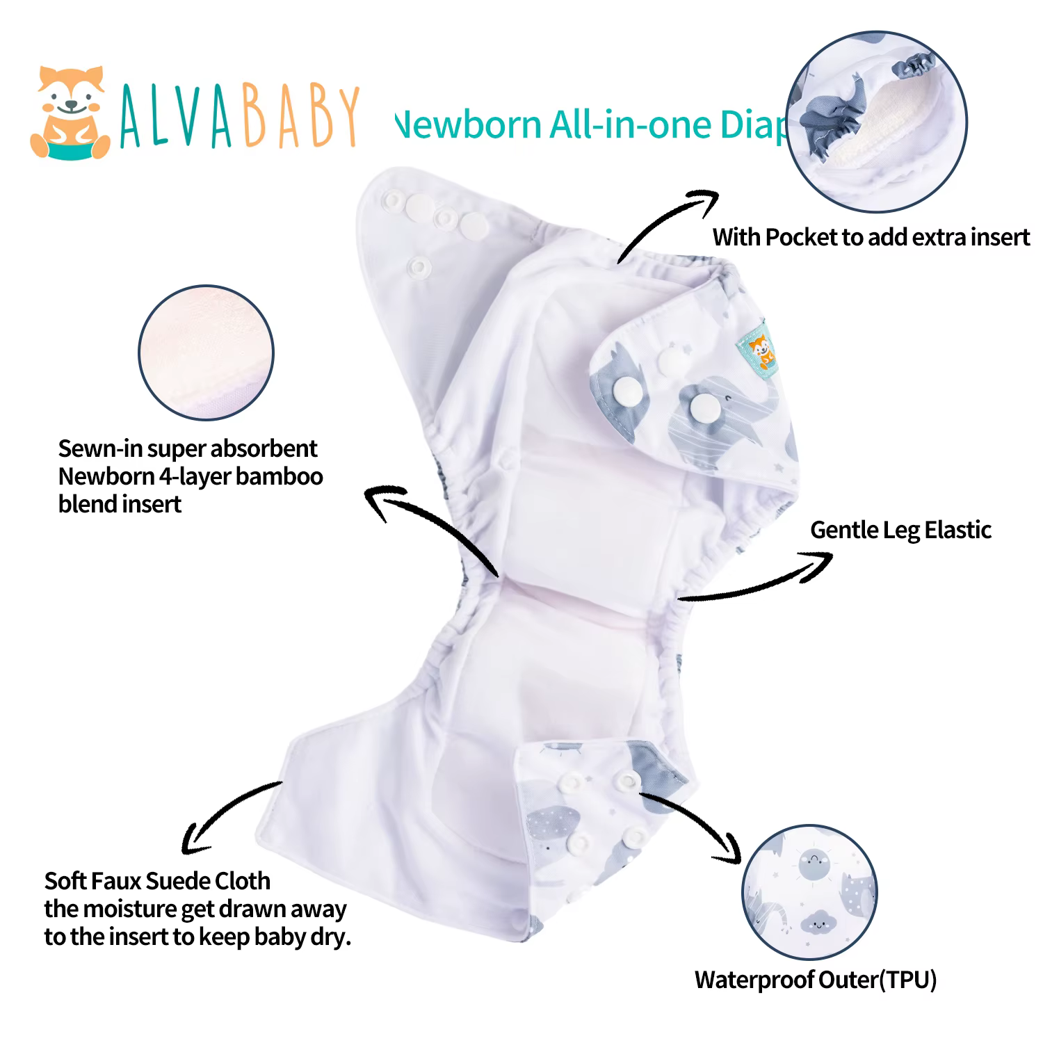 ALVABABY Pañal de tela con inserto de bambú para recién nacido - imagen 5