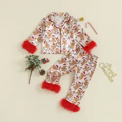 Conjunto de pijama navideño para niñas con lazo estampado