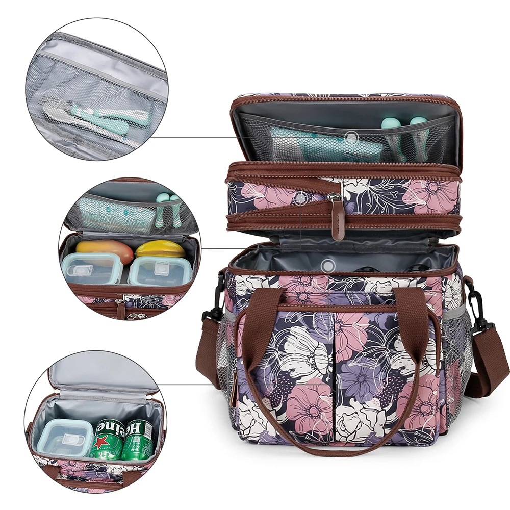 Bolsa de pañales floral vintage con bolsillo térmico y bandolera