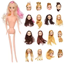 Cabeza BJD con pelo negro y marrón dorado para muñecas antiguas