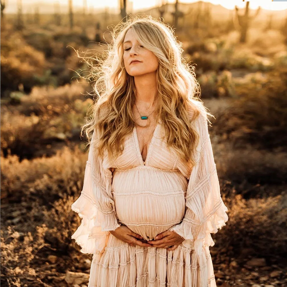 Vestido bohemio de maternidad para fotos – Gasa plisada y manga larga - imagen 2