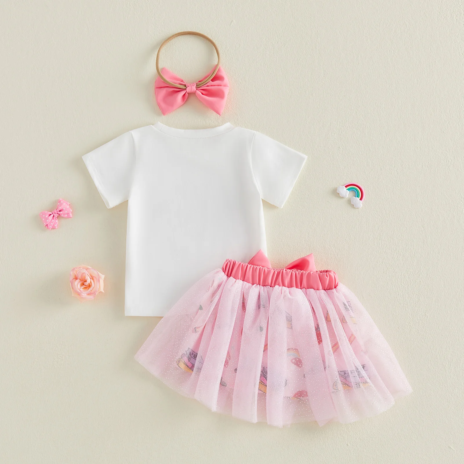 Conjunto niña blusa floral y falda de tul con diadema lazo - imagen 3