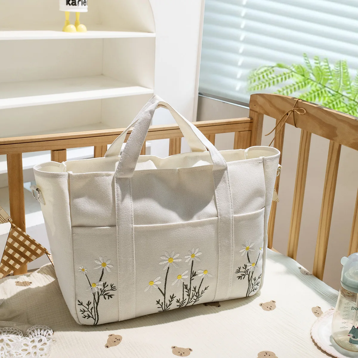 Bolsa maternal de lona bordada con bolsillos - Portabebés