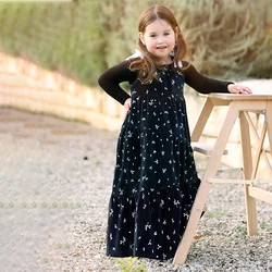 Vestido maxi de terciopelo negro para niña – 4 capas con encaje y tirantes