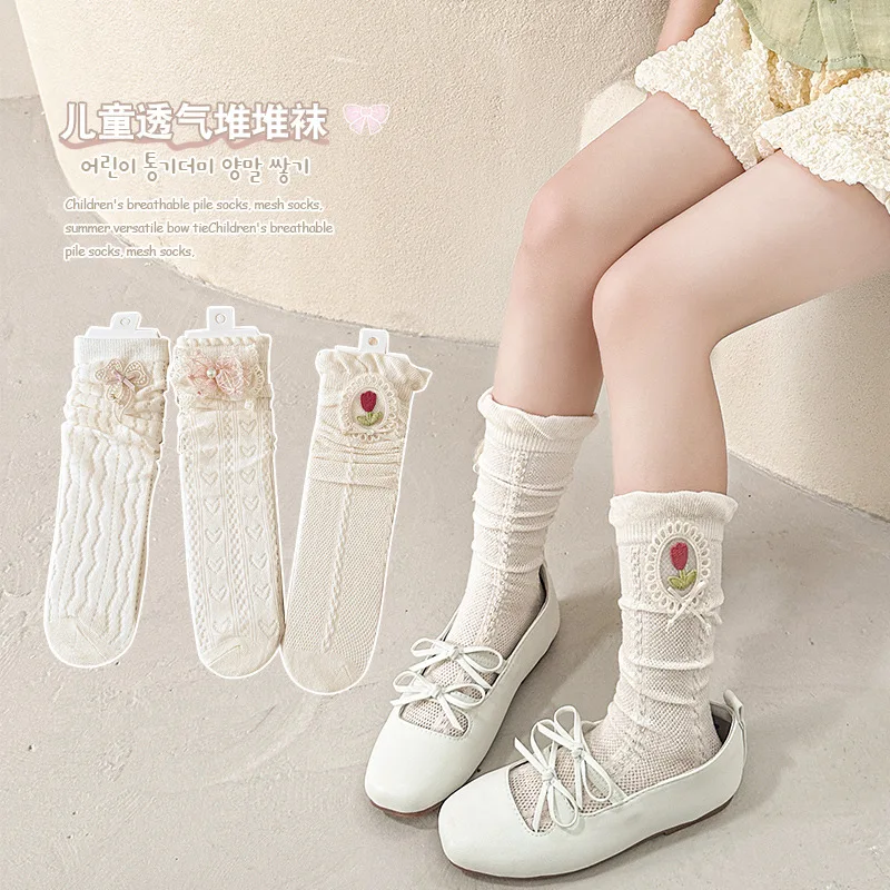 Calcetines a media pantorrilla finos de encaje blanco con lazo niñas - imagen 5