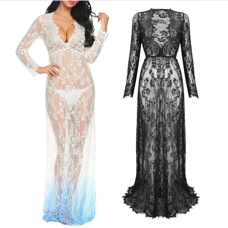 Vestido maxi vintage con encaje y cuello en V profundo