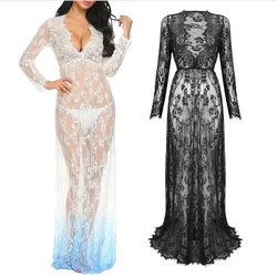 Vestido maxi vintage con encaje y cuello en V profundo