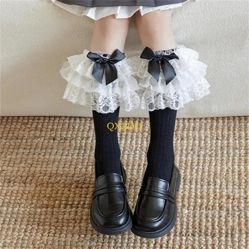 QX2D Calcetines de vestir algodón con encaje y lazo para otoño - imagen 4