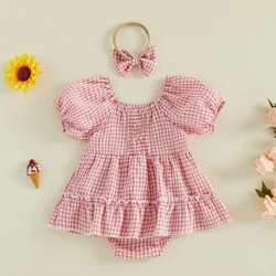 Conjunto verano bebé recién nacida vestido pelele a cuadros con lazo