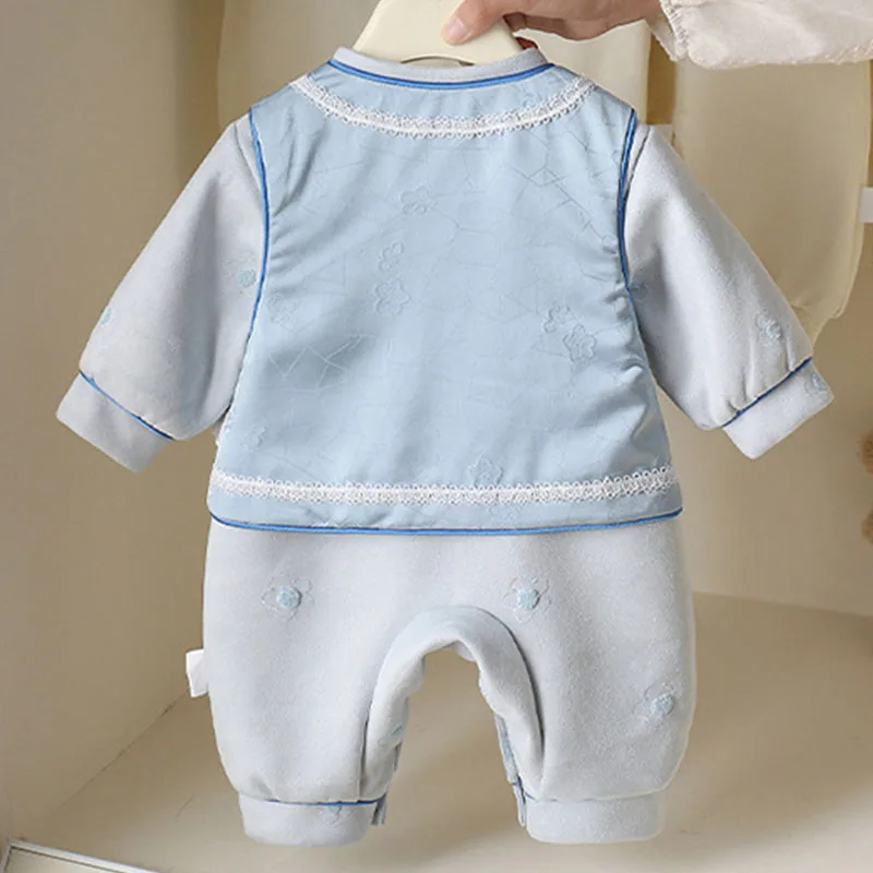 Conjunto de bebé bordado estilo chino – top y pelele azul - imagen 2